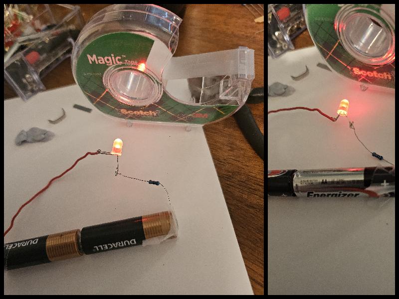 Two 1.5V batteries driving a red LED
